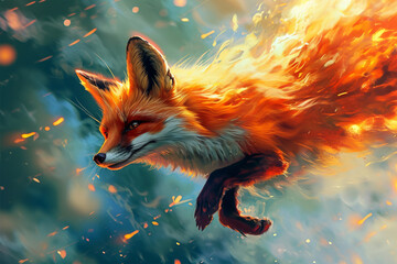 illustration of a flying super fox with fire powers - obrazy, fototapety, plakaty