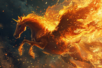 illustration of a flying super horse with fire powers - obrazy, fototapety, plakaty