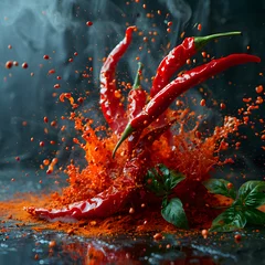 Papier Peint photo Lavable Piments forts red chilli burning with fire 