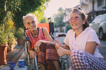 asian dauther and old mother happiness with relaxing time at home village