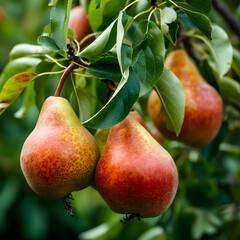 Branch of ripe organic cultivar of pears close-up in the summer garden