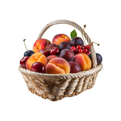 A basket of stone fruits, with peaches, plums, cherries, and apricots