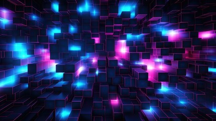 Abstract cyber punk style square pattern in blue pink black and neon