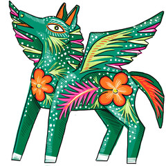Ilustración colorida de artesanía mexicana alebrije caballo pegaso fondo transparente PNG © serena