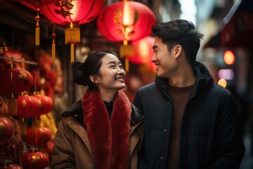 chinese; couple; shopping; chinatown; chinese new year; decorations; festive; celebration; urban;...
