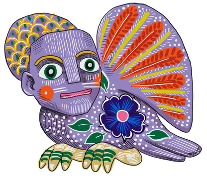 Ilustración colorida de alebrije nahual ave mexicano fondo transparente PNG