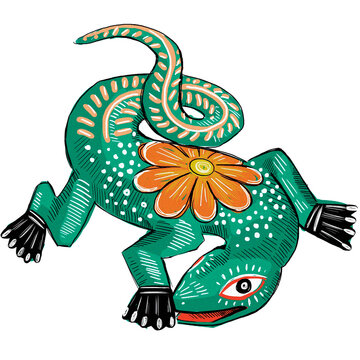 Ilustraci&oacute;n colorida de artesan&iacute;a mexicana alebrije lagartija fondo transparente PNG