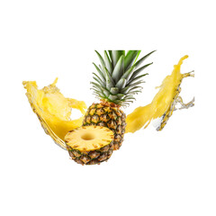 floating cut pineapple and a splash of pineapple juice, wide angle blank white isolated background