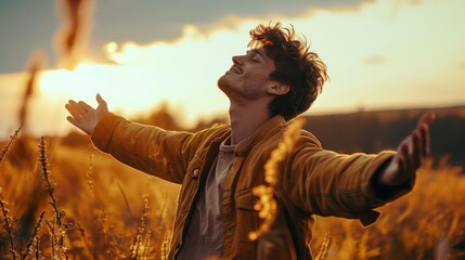 Middle-aged man with his arms open facing the sun, in an attitude of gratitude in a field of wild flowers. Overcoming phobias and accepting fears.