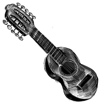 Ilustraci&oacute;n digital blanco y negro estilo grabado xilograf&iacute;a charango argentino andino PNG fondo transparente