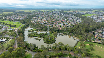 Drone aerial photograph of residential houses and recreational spaces in the suburb of Glenmore...