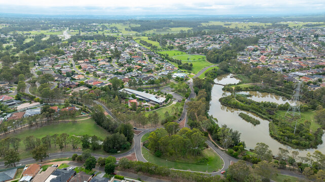 Drone aerial photograph of residential houses and recreational spaces in the suburb of Glenmore Park in the greater Sydney region in New South Wales in Australia