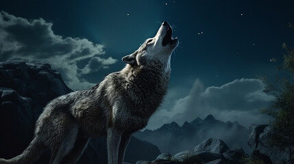 Wolf howling at the moon. the wolf howling at the moon at night in front of mountains. AI Generative