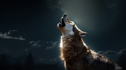 Wolf howling at the moon. the wolf howling at the moon at night in front of mountains. AI Generative - obrazy, fototapety, plakaty
