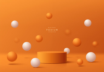 Abstract 3D orange cylinder podium pedestal background with white bounce sphere balls wall scene. Minimal mockup or product display presentation, Stage for showcase. Platforms vector geometric design.