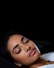 Obraz premium A beauty retouched photo captures a sleepy fashion model with dark complexion, lying in bed with her eyes closed.
