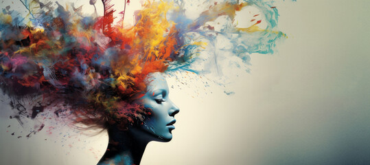 A vibrant, expressive painting depicts a woman with colorful hair, her face submerged in philosophical splashes of color. - obrazy, fototapety, plakaty