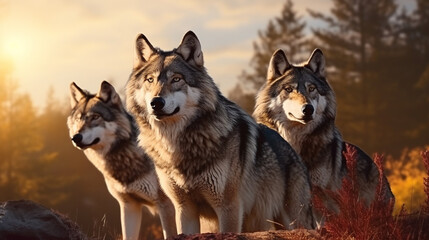Wild wolfs in nature wilderness. Grey Wolf Animal. AI Generative