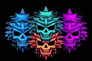 A group of three skulls, adorned with spikes, forms a crown in this high-quality, grimly colored concept art.