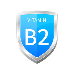 Vitamin B2 shield with blue atom. Drug Protect body stay healthy, protection from chemicals entering body. For nutrition products food. Medical scientific concepts. Isolated on cut out PNG.	
