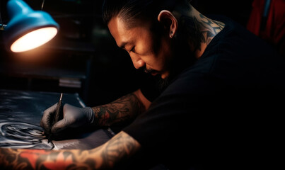 Tattooer working at creative studio