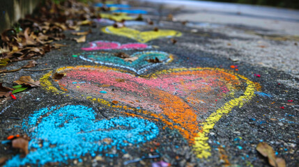 Illustration of colorful chalk drawings on a sidewalk or street. Valentine's Day. Colorful hearts.