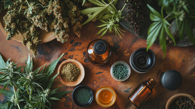 CBD oils and hemp background details on wood background