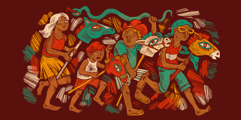 ilustración digital grupo de niños corriendo en caballos de palo jugando con serpiente