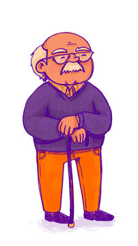 ilustración digital colorida abuelo contento con bastón fondo transparente PNG