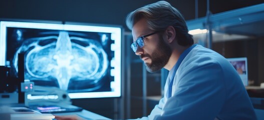 Focused radiologist analyzing MRI scans at modern clinic. Medical technology and healthcare.