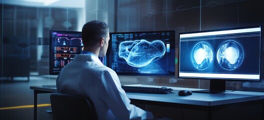 Focused medical professional analyzing brain scans on computer monitors. Healthcare and technology.