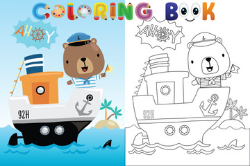 Vector coloring book with bear sailor on boat