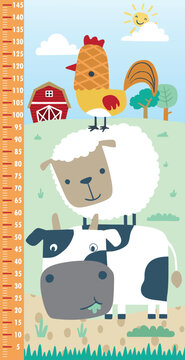 Vector illustration of height measurement wall with funny farm animals cartoon