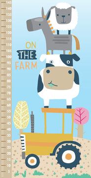 Vector illustration of height measurement wall with funny farm animals cartoon and tractor