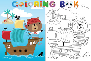 Vector coloring book with bear cub pirate on sailboat