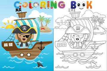 Vector coloring book with monkey pirate on sailboat
