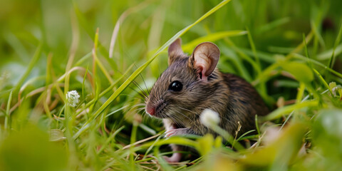 Naklejka na ściany i meble Gray Mouse In The Grass In The Middle Of A Clearing For Wallpaper Created Using Artificial Intelligence