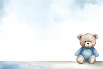 Watercolor lovely teddy bear wearing blue clothes sitting with blank white space background wall art