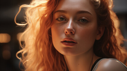 Fototapeta premium Glow of Sunset: Radiant Young Woman in Golden Hour 