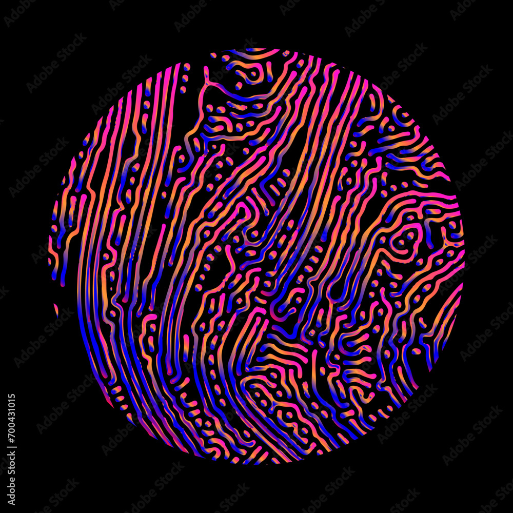 Poster Cirle with a glitched and distorted pattern of lines in neon holographic colors. Modern logotype template.