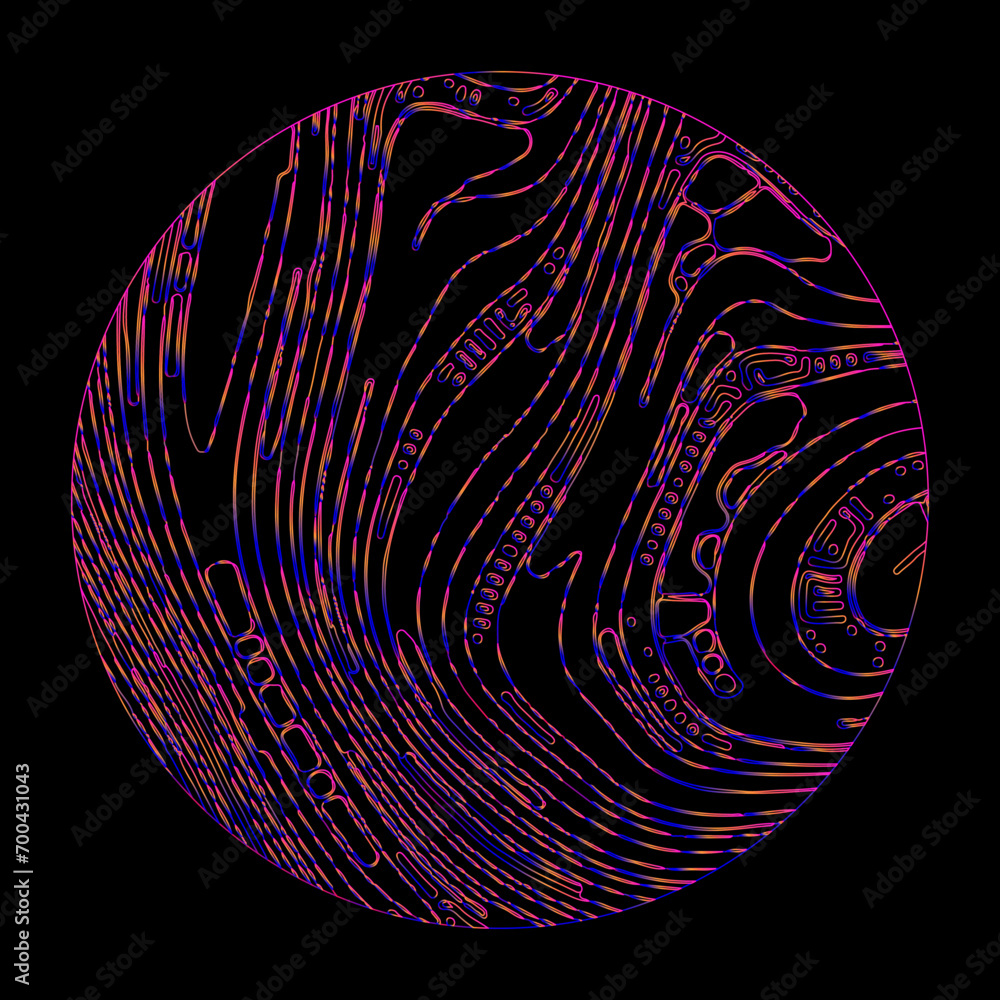 Poster Cirle with a glitched and distorted pattern of lines in neon holographic colors. Modern logotype template.