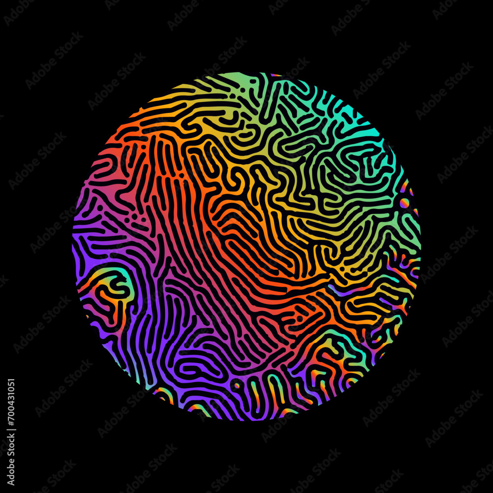 Poster Cirle with a glitched and distorted pattern of lines in neon holographic colors. Modern logotype template.
