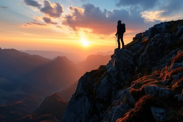 hiker at the summit of a mountain overlooking a stunning view