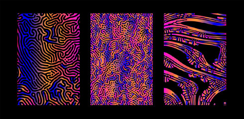 Large set of retrofuturistic holographic backgrounds with psychedelic neon wavy op-art style pattern.