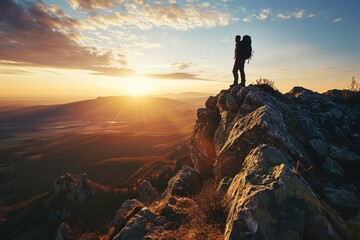 hiker at the summit of a mountain overlooking a stunning view - obrazy, fototapety, plakaty