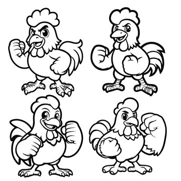 Coloring page outline of cartoon smiling cute rooster and chicken . Colorful vector illustration. mascot vector