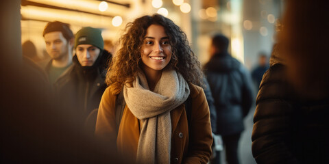 woman shopping girl smiling in a crowd, generative AI