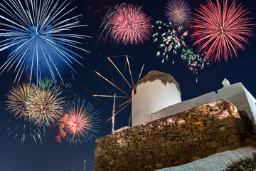 Fireworks display near famous Windmill of Mykonos,Greece
