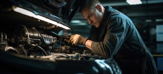 Mechanic repairing car engine in automotive workshop. Vehicle maintenance.