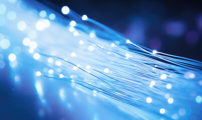 Blue Fiber Optic Cable Threads on Digital Network Background - obrazy, fototapety, plakaty